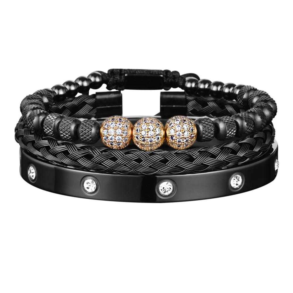 Unisex Black Rose 3pcs Luxury Zircon Pave Bangles