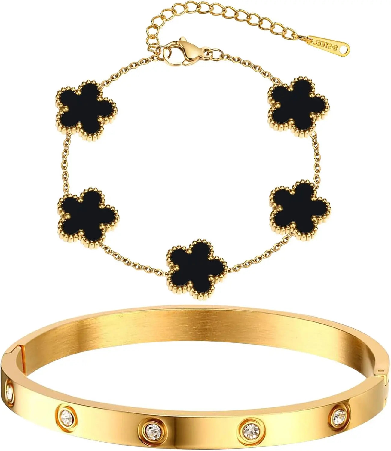 2 Pcs Black 14K Gold Plated Stackable Bracelets