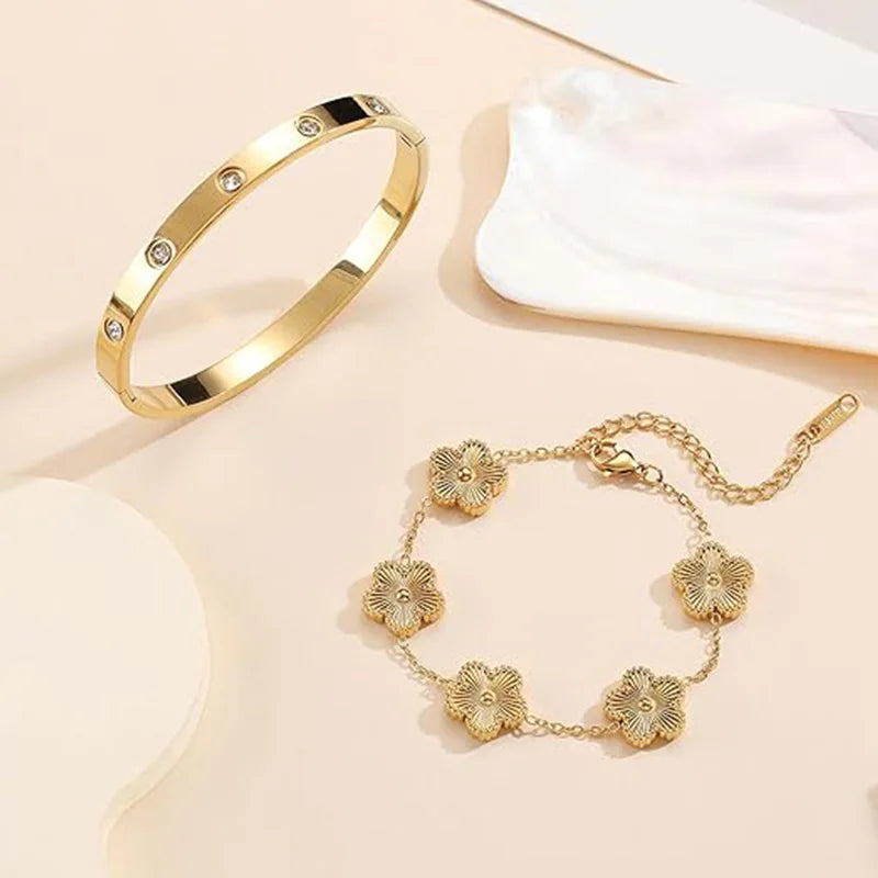 Gold Plated Gold 5 Clover Bangle Set