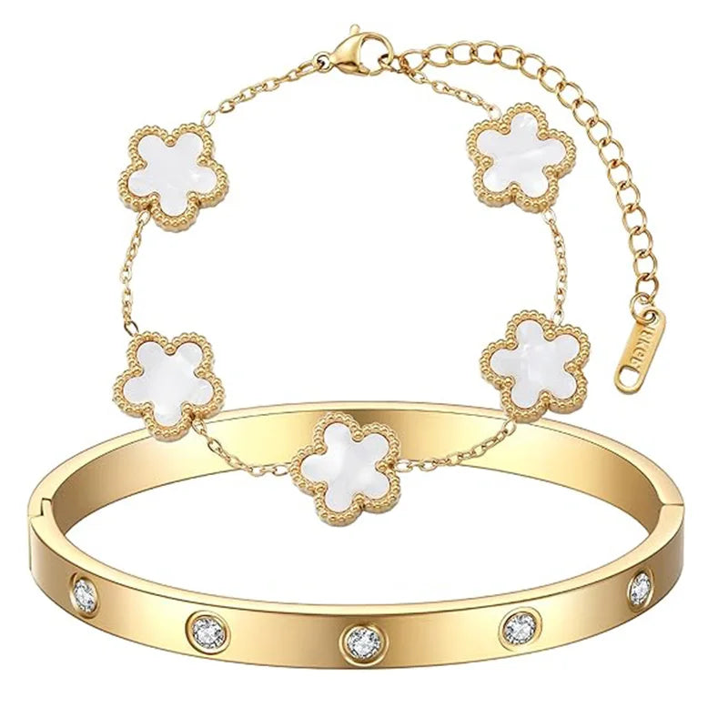 Gold Plated White 5 Clover Bangle Set